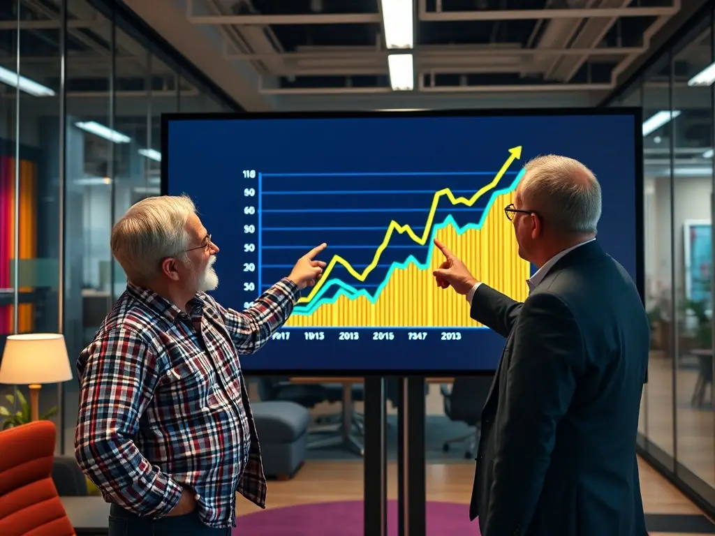 A dynamic graph illustrating positive cash flow trends, with a ZueriFinanz business coach explaining the data to a small business owner.