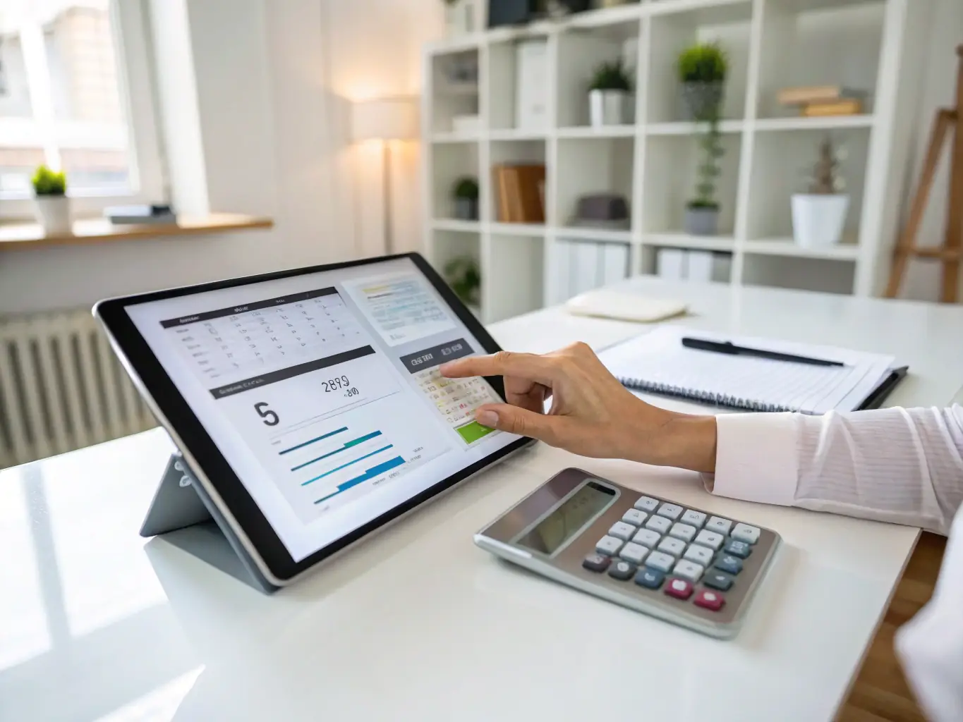 An image of a business owner using a ZueriFinanz financial calculator on a tablet, illustrating how it helps in making informed financial decisions.