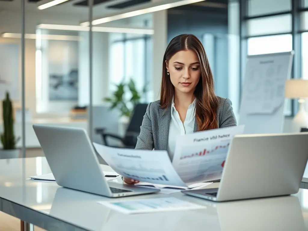 A small business owner using a budgeting template on a laptop, with a calculator and financial documents nearby, in a bright and organized office setting. The scene emphasizes clarity and control over finances.