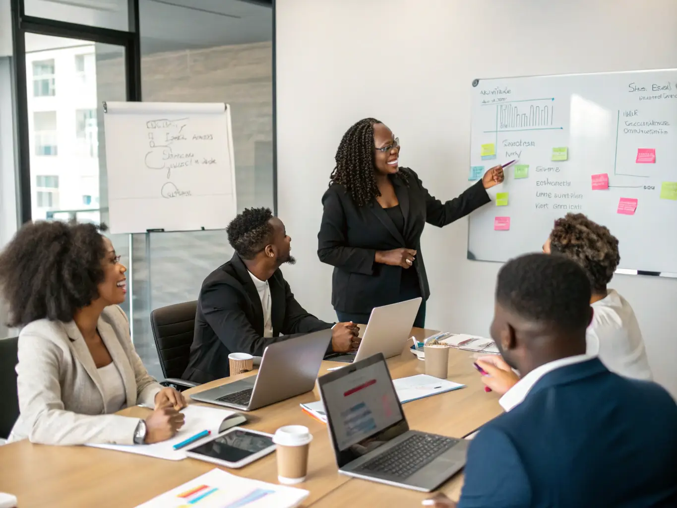 An image of a diverse group of small business owners participating in a ZueriFinanz workshop, focusing on financial planning and management, with a coach leading the session.