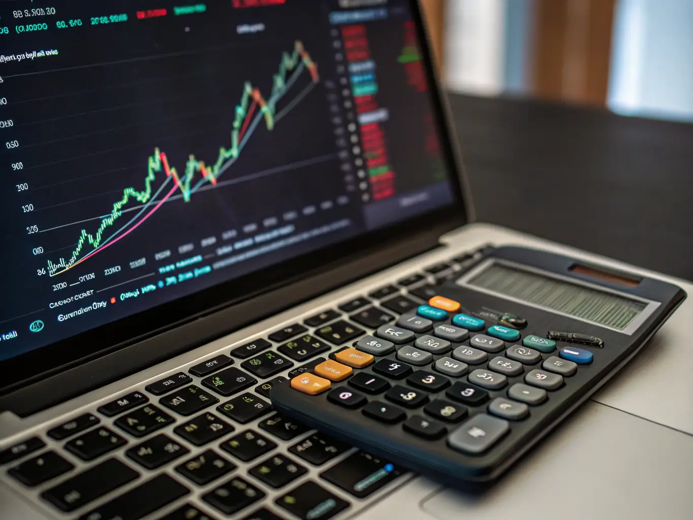 A close-up shot of a financial calculator displaying key metrics, surrounded by graphs and charts representing financial performance. The image conveys precision and data-driven decision-making.