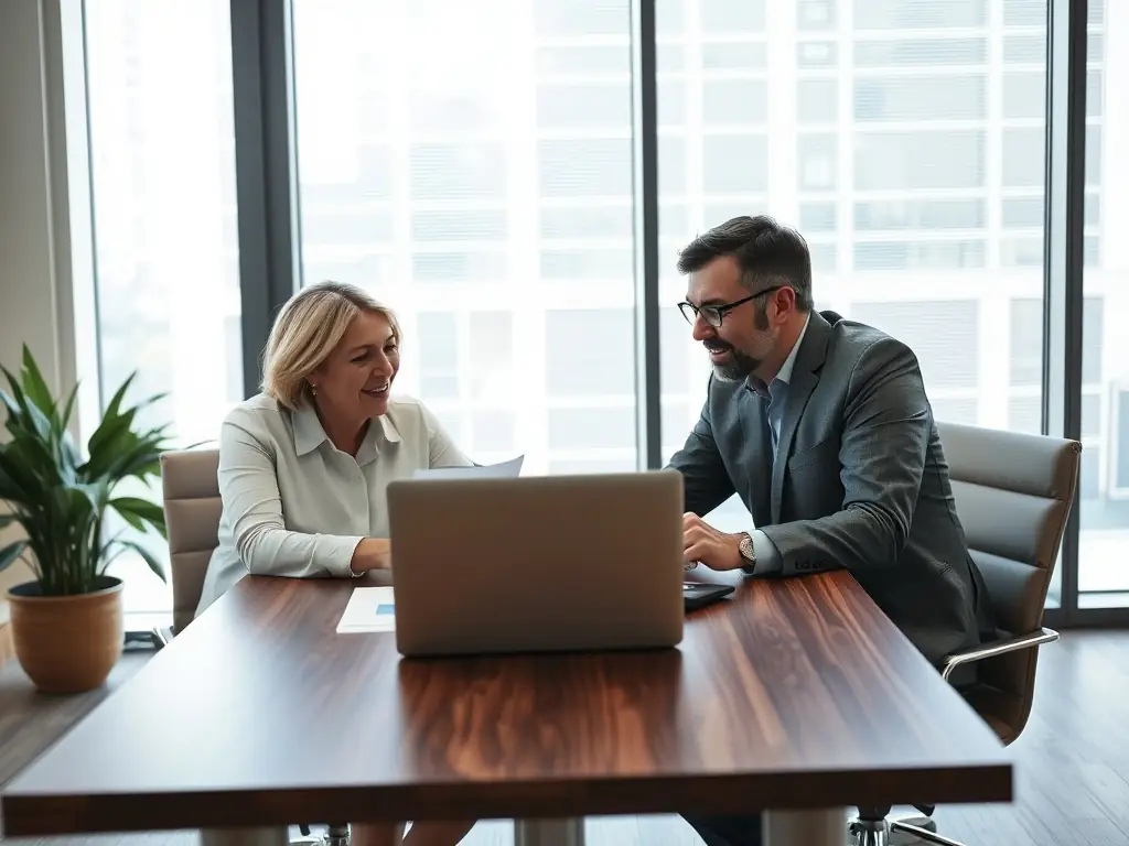A small business owner reviewing financial reports with a ZueriFinanz business coach in a modern office setting, emphasizing collaboration and expert guidance.