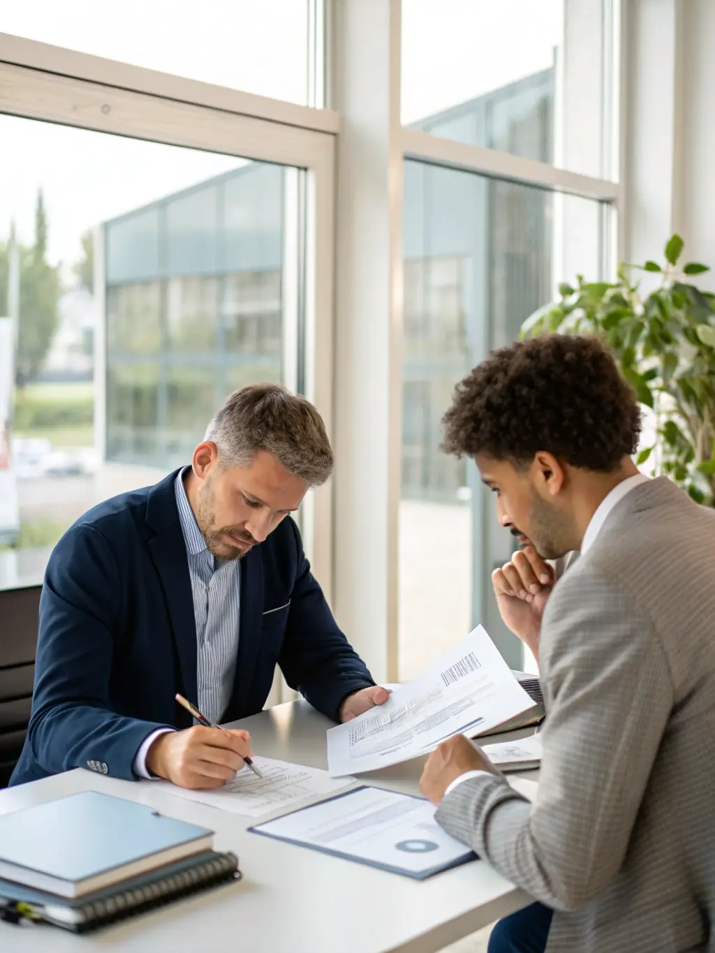A small business owner reviewing a detailed budget report with a ZueriFinanz coach, highlighting key financial metrics and areas for improvement.