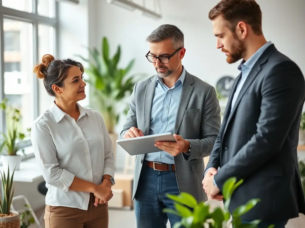A business coach guiding a small business owner through a financial planning guide, using visual aids and charts to explain key concepts. The scene emphasizes personalized support and expert guidance.